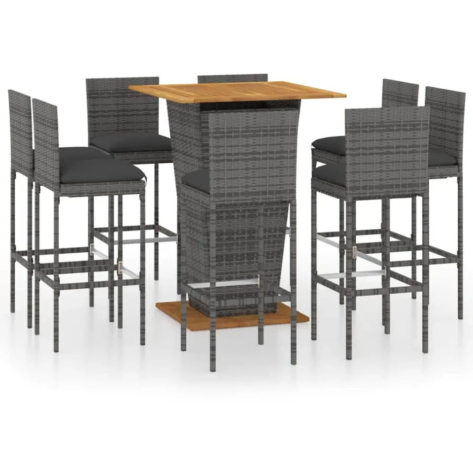 vidaXL 9-delige Tuinbarset met kussens poly rattan grijs