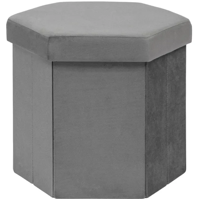 Famanu Opvouwbare poef met opbergruimte, fluwelen poef met deksel, zeshoekige voetensteun, 43 x 38 x 38 cm, grijs