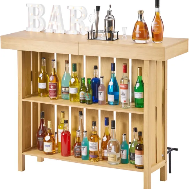 Vevor 3-Laags Thuisbar, Houten Barblad met Voetensteun en Flesopenerhouder, Moderne Bar met Ruime Opbergruimte voor Woonkamer en Kelder, Draagvermogen tot 81,6 Kg, 1400 X 398 X 1055 mm