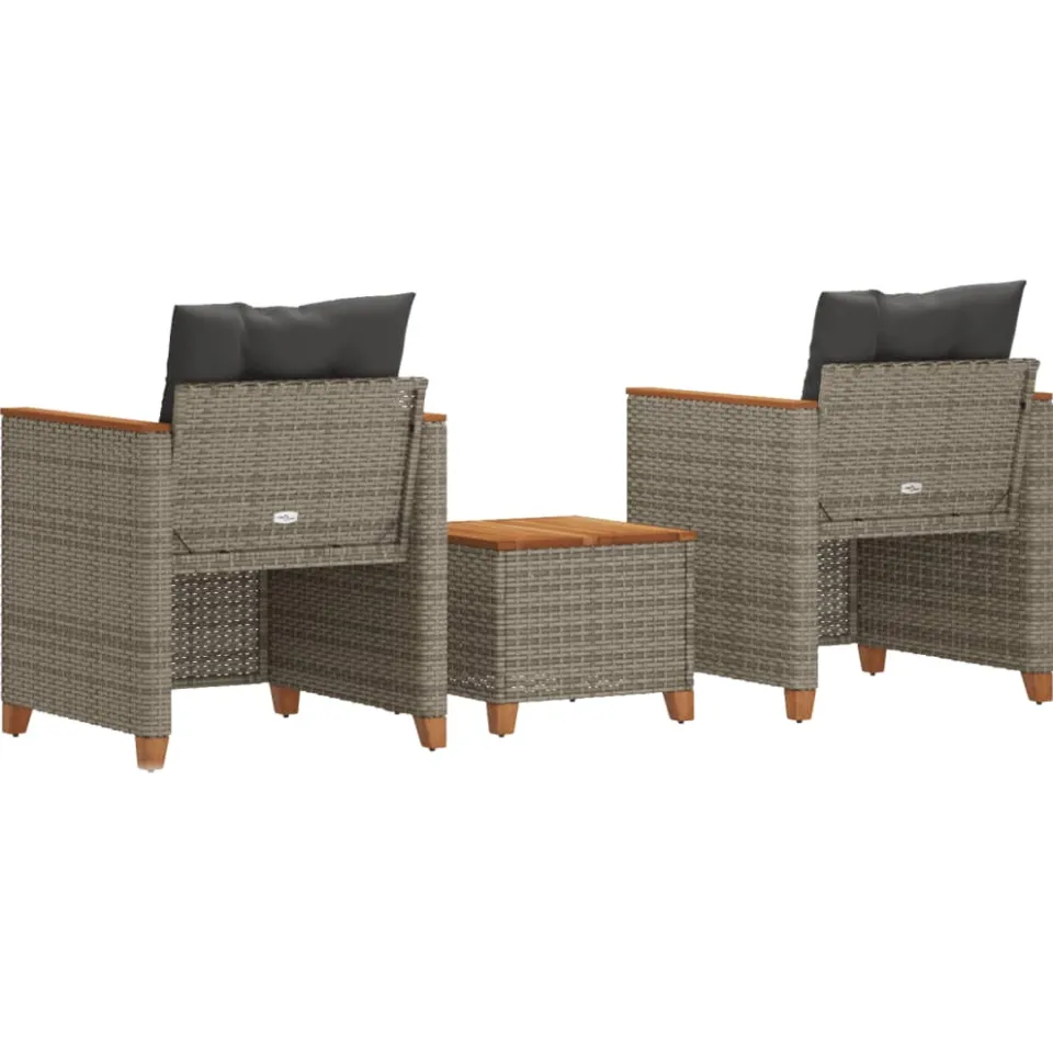 vidaXL 3-delige Bistroset met kussens poly rattan en acaciahout grijs, foto 4