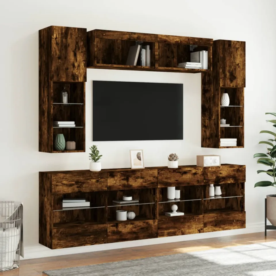 vidaXL 6-delige Tv-wandmeubelset met LED-verlichting gerookt eiken, foto 2