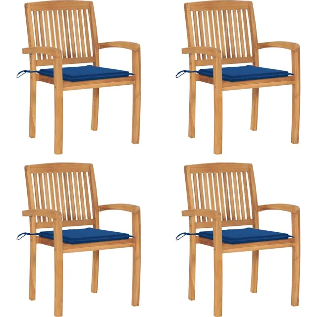 vidaXL Tuinstoelen stapelbaar 4 st met kussens massief teakhout Blauw