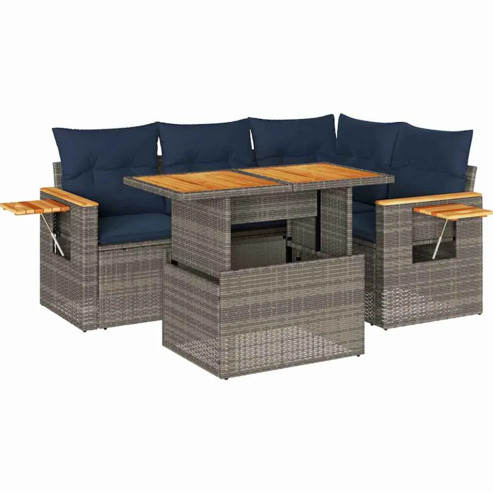 vidaXL 5-delige Loungeset met kussens poly rattan acacia grijs, foto 3