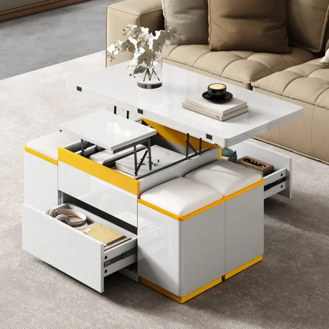HAUSS SPOLE Salontafel - Verstelbaar En Opklapbaar Tafelblad Met Opbergruimte En 4 Hockers - Voor Woonkamer - MDF - Wit - 100x50x43 cm