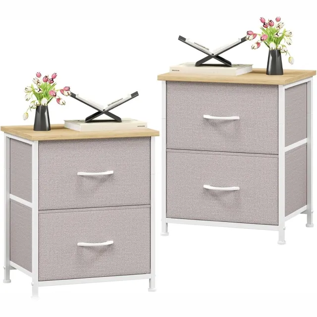 Vellaro Bijzettafel set - Asgrijs - 30D x 42B x 50H cm - Nachttafels met 2 Stoffen Lades - Voor Slaapkamer en Woonkamer
