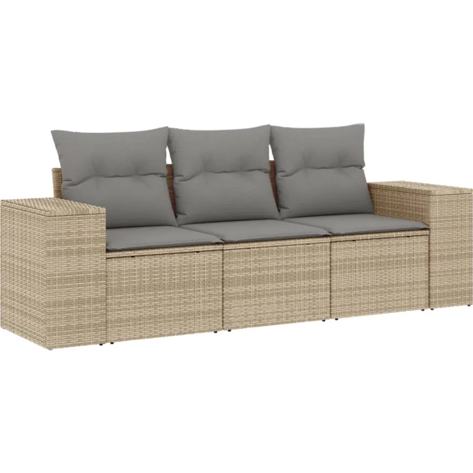 vidaXL 3-delige Loungeset met kussens poly rattan beige, foto 3