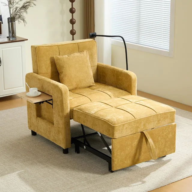 KOMHTOM BLACKCOLORS Twee-in-één slaapfauteuil, eenpersoons slaapbank, fauteuil van chenille (met kussens en zijvakken), met een tafeltje aan de ene kant en een opbergtas aan de andere kant, compleet Mosterdgeel