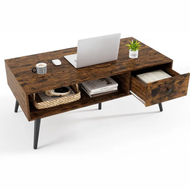 Costway Salontafel met lade, opbergruimte, open vak, woonkamertafel, houten sofatafel, 109 x 55 x 39,5 cm Rustiek bruin