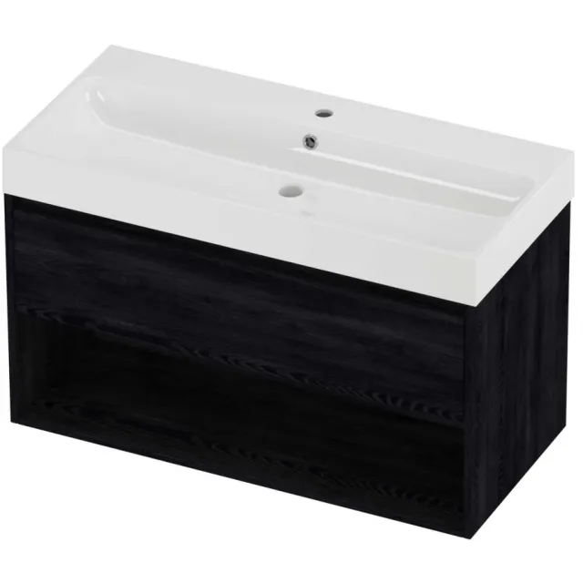 Proline Podium Badmeubelset Polystone Loft 1 Kraangat Met Schap 100x46x62 cm Glans Wit Black Oak Eiken
