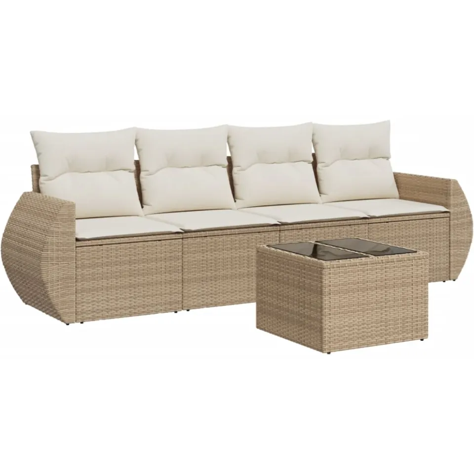 vidaXL 5-delige Loungeset met kussens poly rattan beige, foto 3