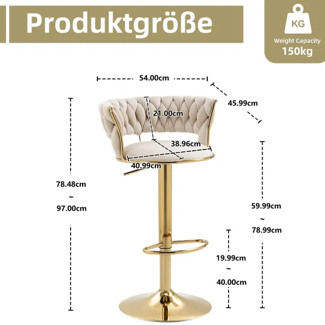 City long dragon LONG DRAGON - Velvet barkrukken - Set van 2 - 360 graden draaibaar - In hoogte verstelbaar - Handgemaakte open rugleuning - Voor keuken en kookeiland Ivoor