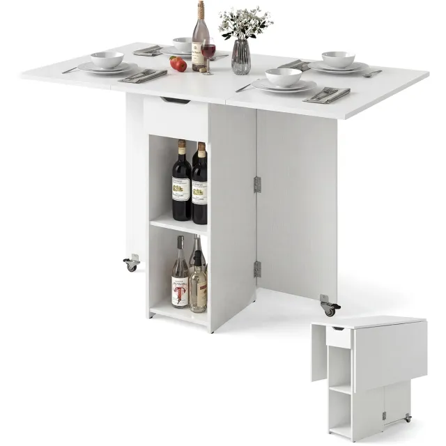 Costway Inklapbare eettafel, keukentafel met wieltjes, lade en 2 opbergvakken, klaptafel voor 2-4 personen, eetkamer tafel voor kleine ruimtes, eetkamer, keuken, 120 x 72 x 75 cm (Wit)