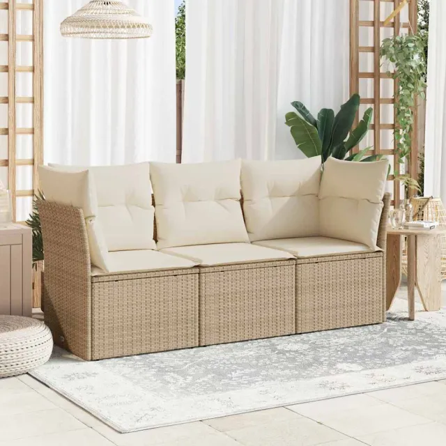 vidaXL 3-delige Loungeset met kussens poly rattan beige, foto 2