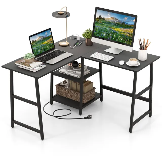 Costway Bureau L-vorm, hoekbureau met stopcontacten en USB-poorten, hoektafel met legplanken, computertafel, bureautafel voor thuiskantoor, 120 x 120 x 75 cm (zwart)