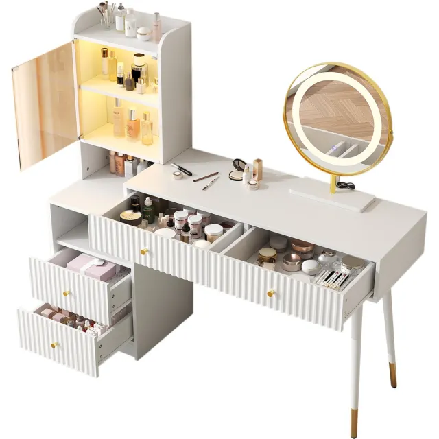Ropilly Kaptafel Met Spiegel - Witte Make-Uptafel Met Vier Laden, Verlichte Vitrinekast En Open Opbergvak - Voor Slaapkamer - Spaanplaat White