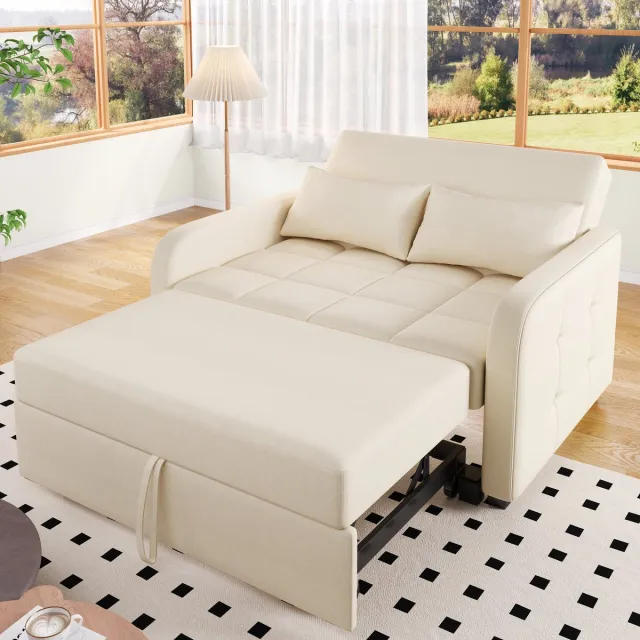 Zubaliya Slaapbank - 2 Zits Verstelbare Sofa Bed 180x127 cm - Multifunctionele Klapbank Met Schuifmechanisme En Kussens - Comfortabele Ruimtebesparende Bank Voor Appartement, Studentenkamer En Gastenkamer beige