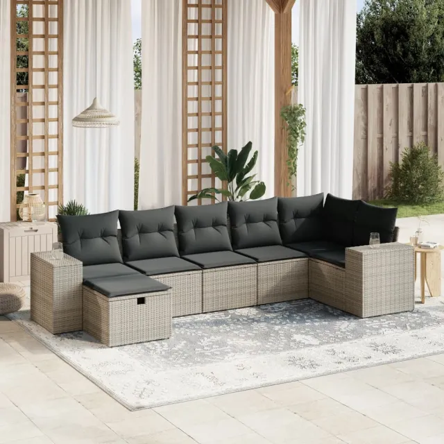vidaXL 7-delige Loungeset met kussens poly rattan grijs, foto 2