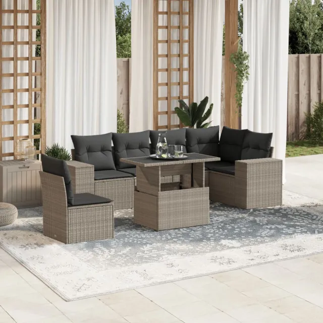 vidaXL 7-delige Loungeset met kussens poly rattan lichtgrijs grijs, foto 2
