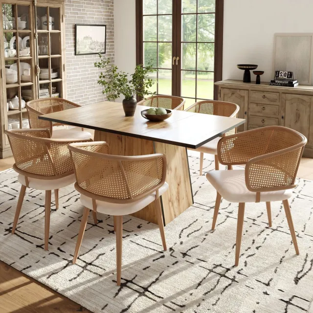 Wishdor Eetkamerstoel Met Rotan Rugleuning En Ergonomische Ondersteuning - Modern Ontwerp Voor Eetkamer Of Woonkamer - Metaal Met Houtlook, Kunstleer En Fluweel - Beige En Bruin - 47 X 51 X 79 Cm