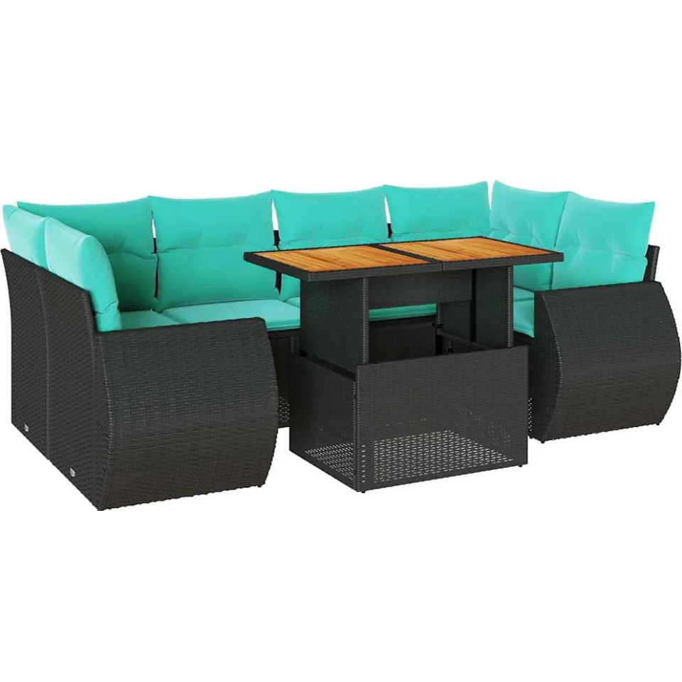 vidaXL 7-delige Loungeset met kussens poly rattan zwart, foto 3
