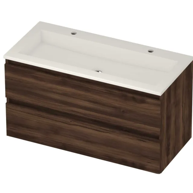 Basic-Line Aura 46 Badmeubelset Acryl 2 Kraangaten Greeploos 100x46x54 cm Barista Oak Glans Wit