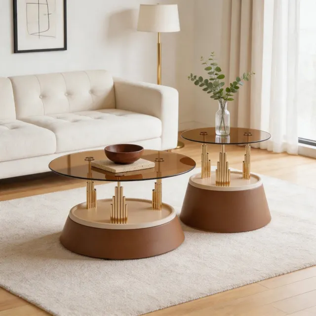 REDOM Salontafel set van 2 - Rond glazen tafelblad - Nesting ontwerp - Ruimtebesparend - Modern - Woonkamer - Metaal en glas - Bruin - 70 x 60 x 48 cm