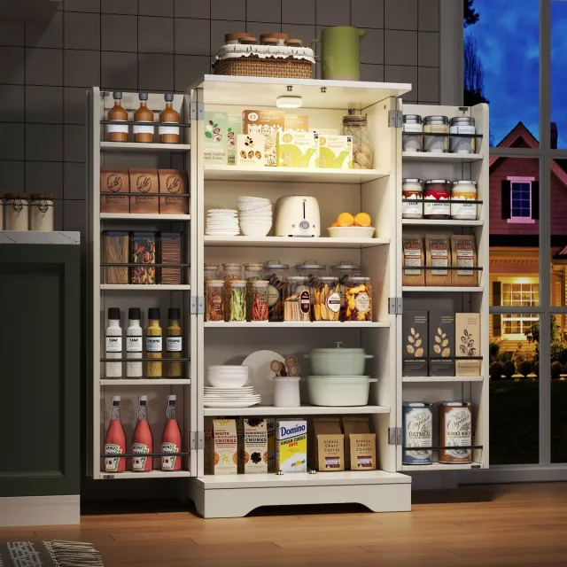 Welltin Keukenkast van 120x60x40 cm met LED-sensorverlichting, grote opbergkast met 2 deuren, verstelbare planken en deurvakken – geschikt voor keuken, eetkamer of woonkamer, wit