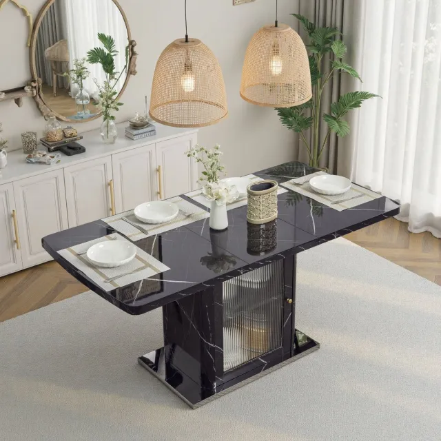 MODENUIT Eettafel - Uitschuifbaar Rechthoekig Met Opbergvak - MDF, Glas, Zwart - 160x80x76 Cm