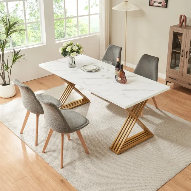 en.casa Eettafel Hujaari rechthoekig 180x80 cm goudkleurig en marmerlook wit [en.casa]