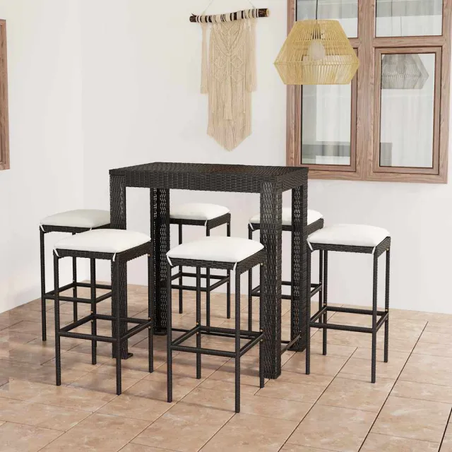 vidaXL 7-delige Tuinbarset met kussens poly rattan zwart, foto 2