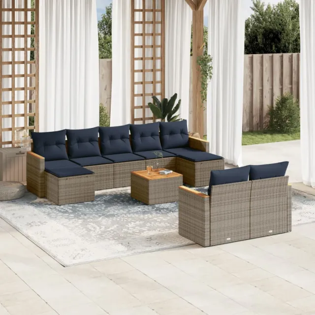 vidaXL 10-delige tuinbankset met kussens, grijs polyrotan, foto 2