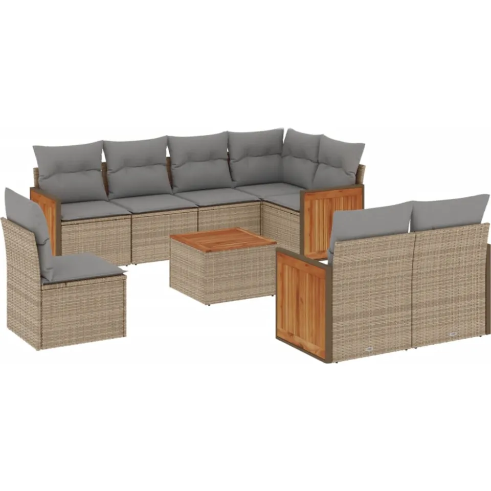 vidaXL 9-delige Loungeset met kussens poly rattan beige, foto 3