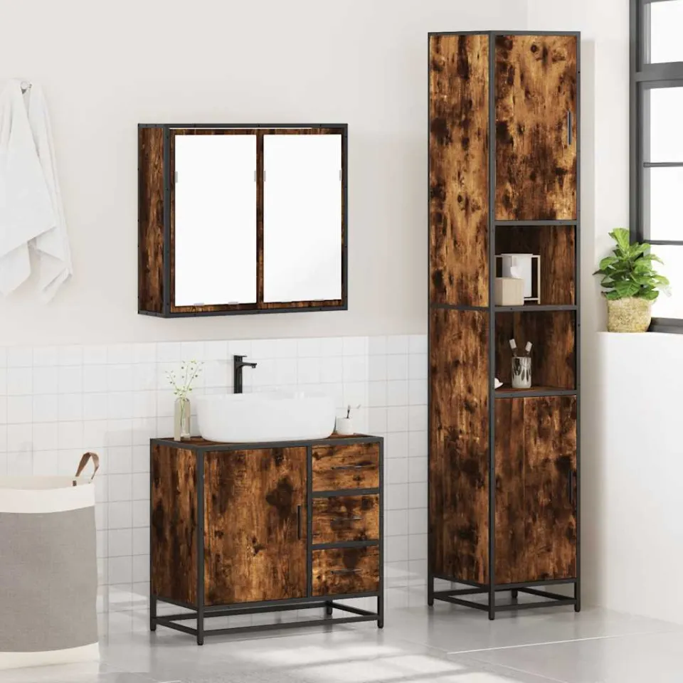vidaXL 3-delige Badkamermeubelset bewerkt hout gerookt eikenkleurig, foto 4