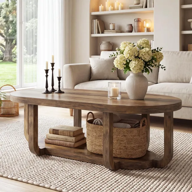 Little Trees LITTLE TREE Ovale salontafel - 140 x 70 x 45 cm - 2 lagen opbergruimte - voor de woonkamer - Bruin