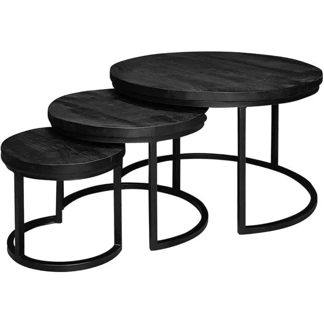 Mahom Mangohouten Salontafels Sienna Set van 3 Mahom Industrieel - Kleine tafel van Mangohout & Metaal - Industriële Huiskamertafel Bruin