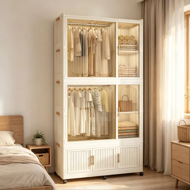 HAUSS SPOLE Kledingkast - Opvouwbaar Met 9 Magnetische Deuren - Voor Slaapkamer En Huurwoning - Polypropyleen - Crèmewit - 92x45x196 Cm