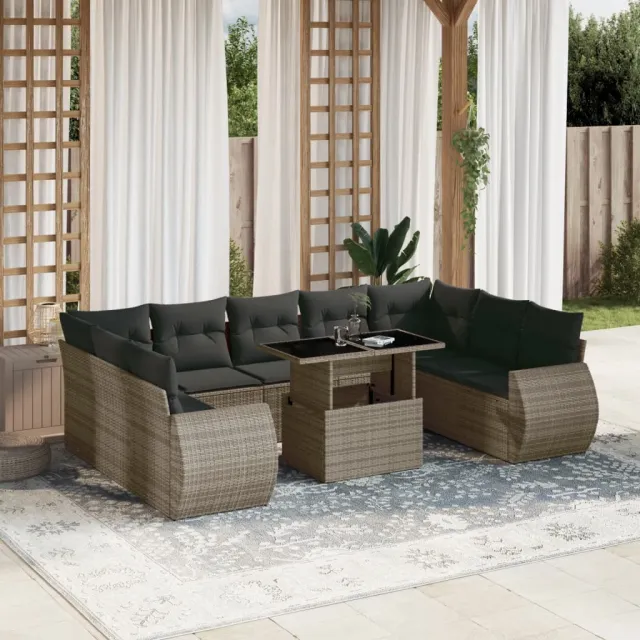 vidaXL 10-delige Loungeset met kussens poly rattan grijs, foto 2