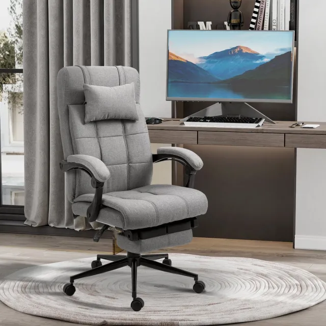 OKWISH Bureaustoel 66 x 76 x 112-120 cm - Ergonomisch Met Hoofdkussen, Voetsteun En Draaifunctie - Voor Thuiswerkplek - Linnen - Lichtgrijs