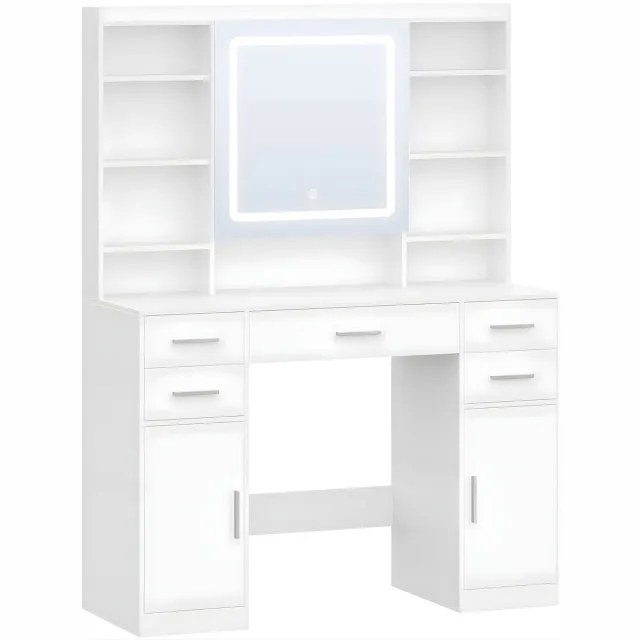 Happiq Kaptafel – Voor Slaapkamer & Dressing – Met Spiegel, 7 Lades, 9 Open Vakken en Verborgen Opbergruimte – Wit White