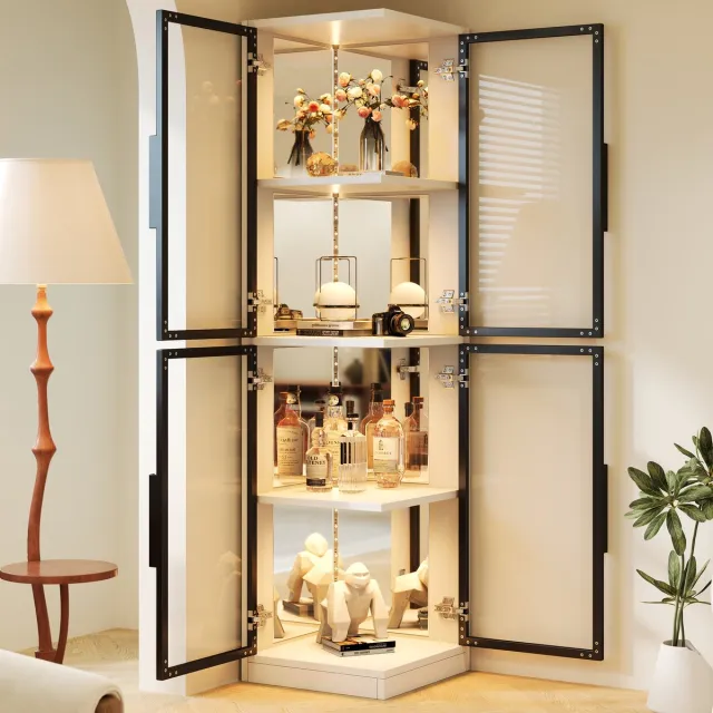 Merax Glazen vitrinekast 44x42x164 cm - spiegelachterwand - hoekvitrine - dubbelzijdige glasvitrinekast - met LED-verlichting - wit