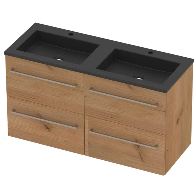 Basic-Line Aura 46 Badmeubelset Acryl 2 Kraangaten 120x46x62 cm A46mzdwo2x602 Whisky Oak Mat Zwart