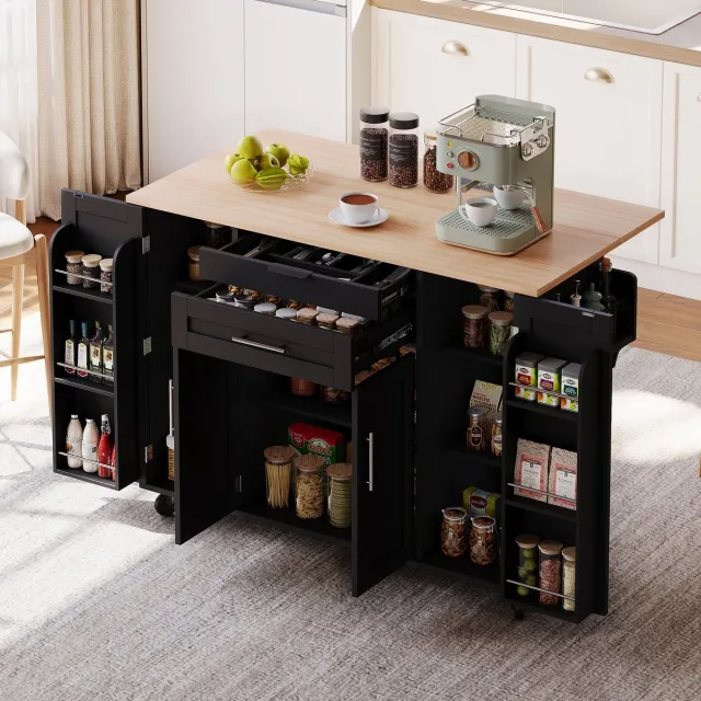 Sweiko Eettafel - Verrijdbaar keukeneiland - 2 lades - Verstelbare planken - Houtnerf tafelblad - Zwart
