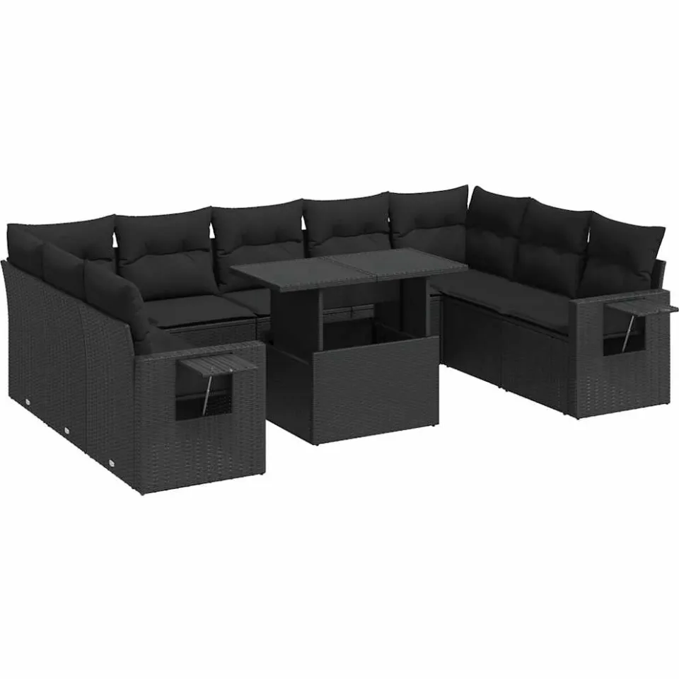 vidaXL 10-delige Loungeset met kussens poly rattan zwart, foto 3