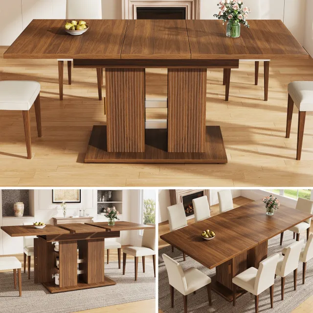 Merax Uitschuifbare eettafel - rechthoekige keukentafel met dubbele verticale lamellenpoot - met opbergruimte en plank - donkerbruin