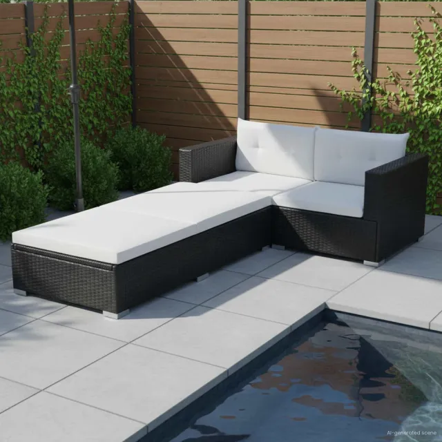 vidaXL 3-delige Loungeset met kussens poly rattan zwart, foto 2