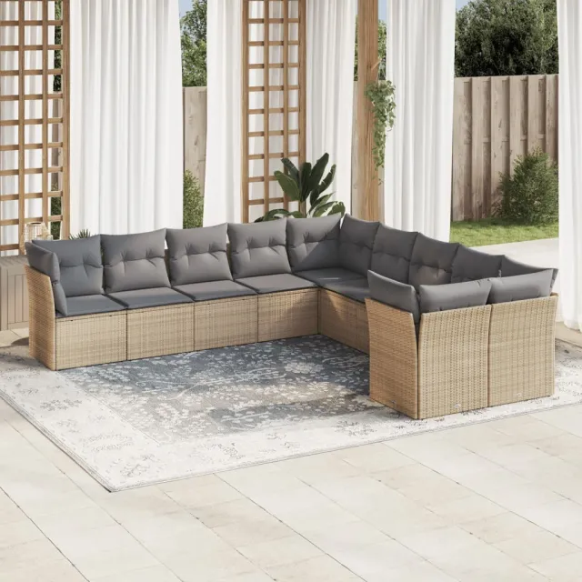 vidaXL 10-delige Loungeset met kussens poly rattan beige, foto 2