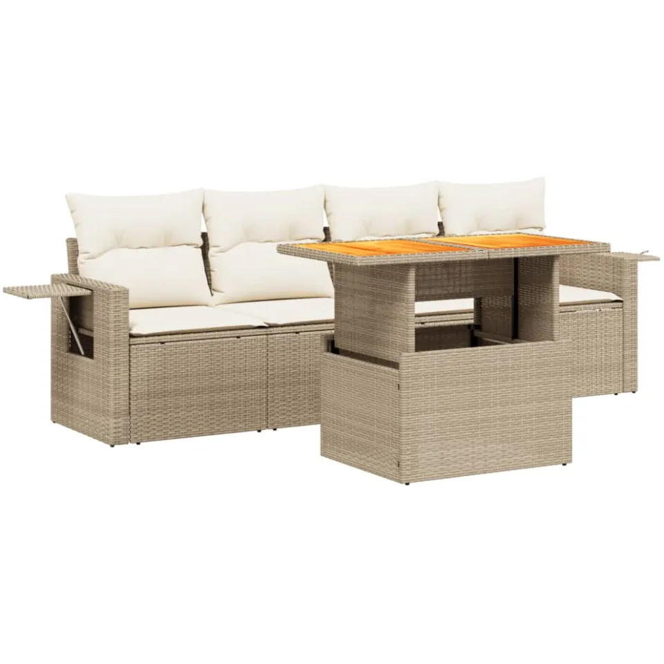 vidaXL 5-delige Loungeset met kussens poly rattan beige, foto 3
