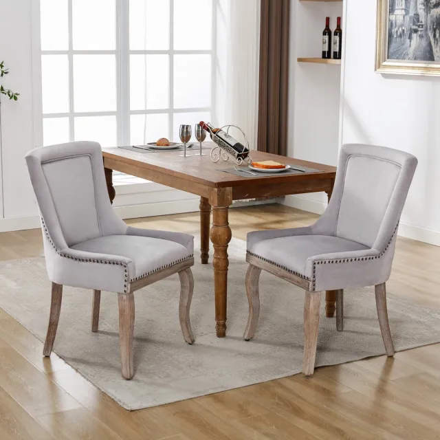 Wishdor Eetkamerstoel - Set van 2 - Gestoffeerd velvet - Nagelkopdetails en gebogen voorpoten - Klassiek design - Eetkamer woonkamer leeshoek - Hout - Grijs - 55 x 61 x 91 cm
