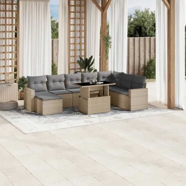 vidaXL 9-delige Loungeset met kussens poly rattan beige, foto 2
