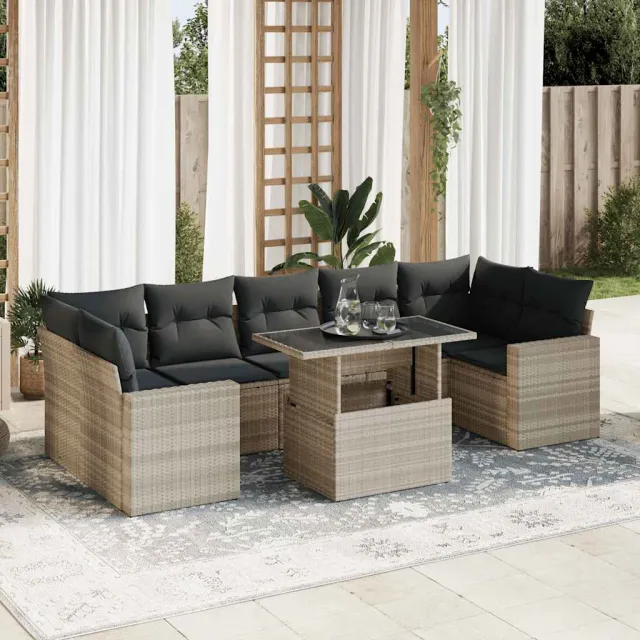 vidaXL 8-delige Loungeset met kussens poly rattan lichtgrijs grijs, foto 2